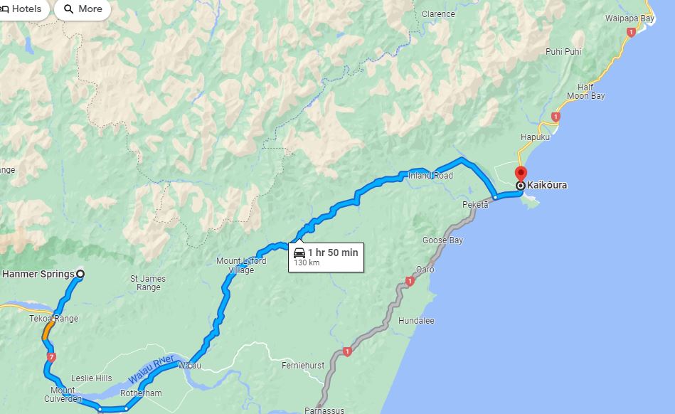Driving Map Hanmer to Kaikoura
