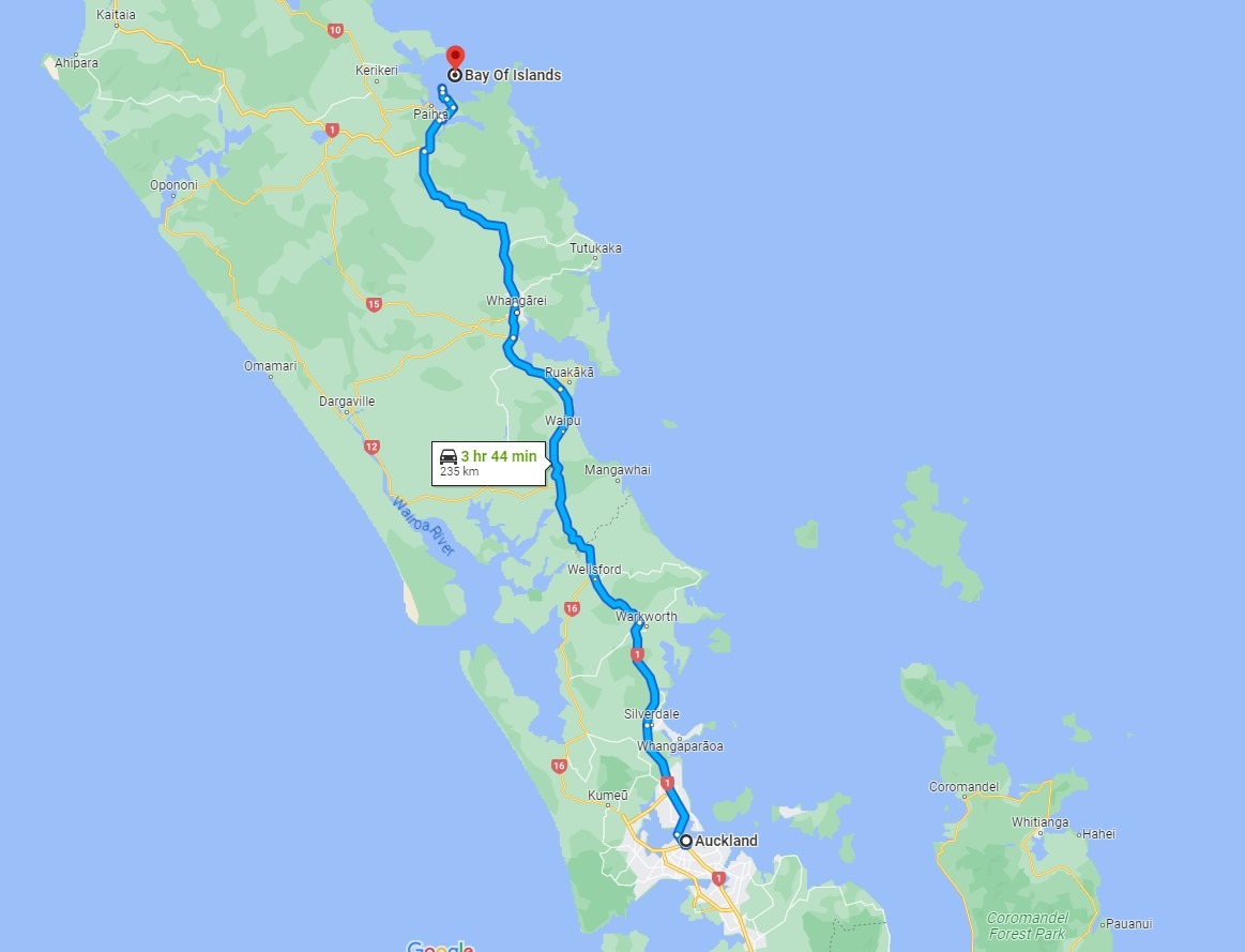 Auckland to Bay of Islands NZ drive map