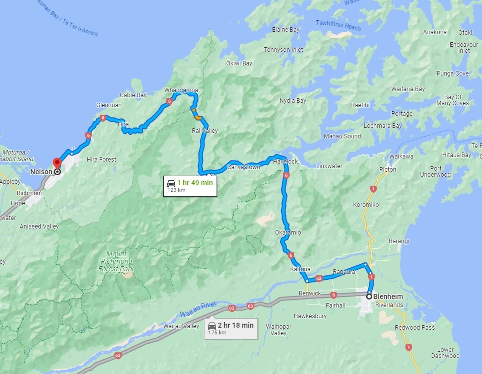 Blenheim to Nelson Map