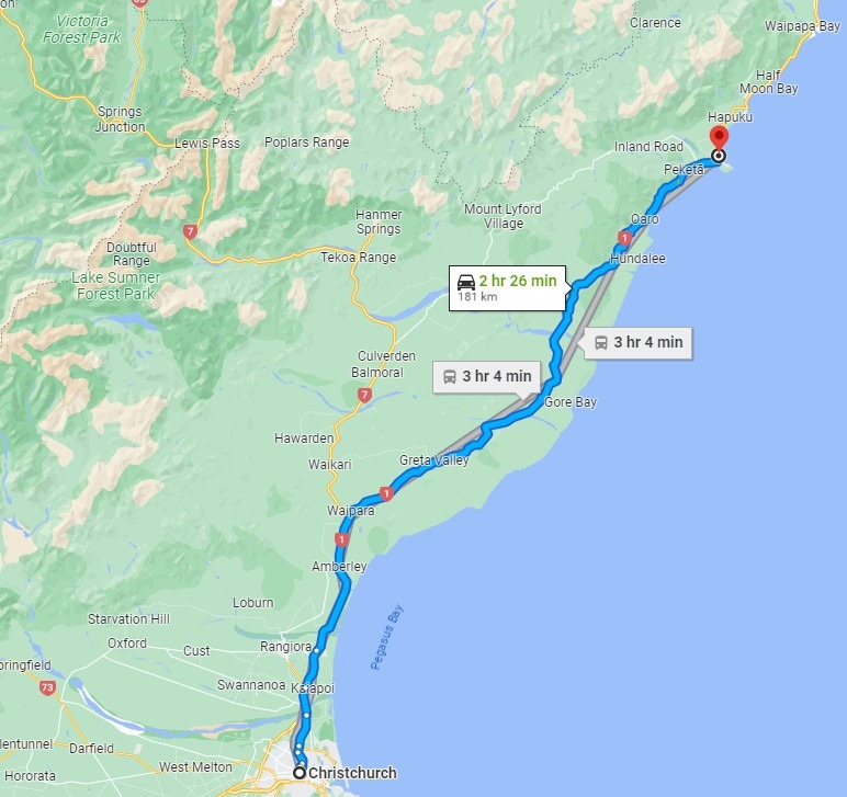 Christchurch to Kaikoura Map