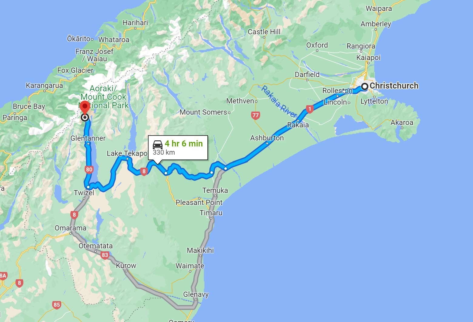 Christchurch to Mt Cook drive map
