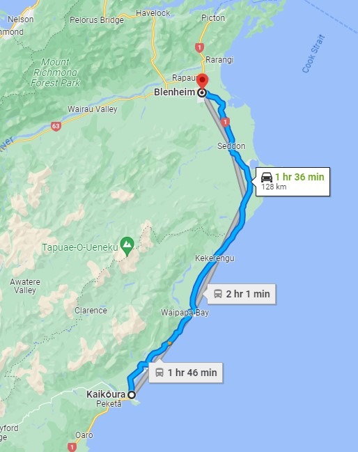 Kaikoura to Blenheim Map
