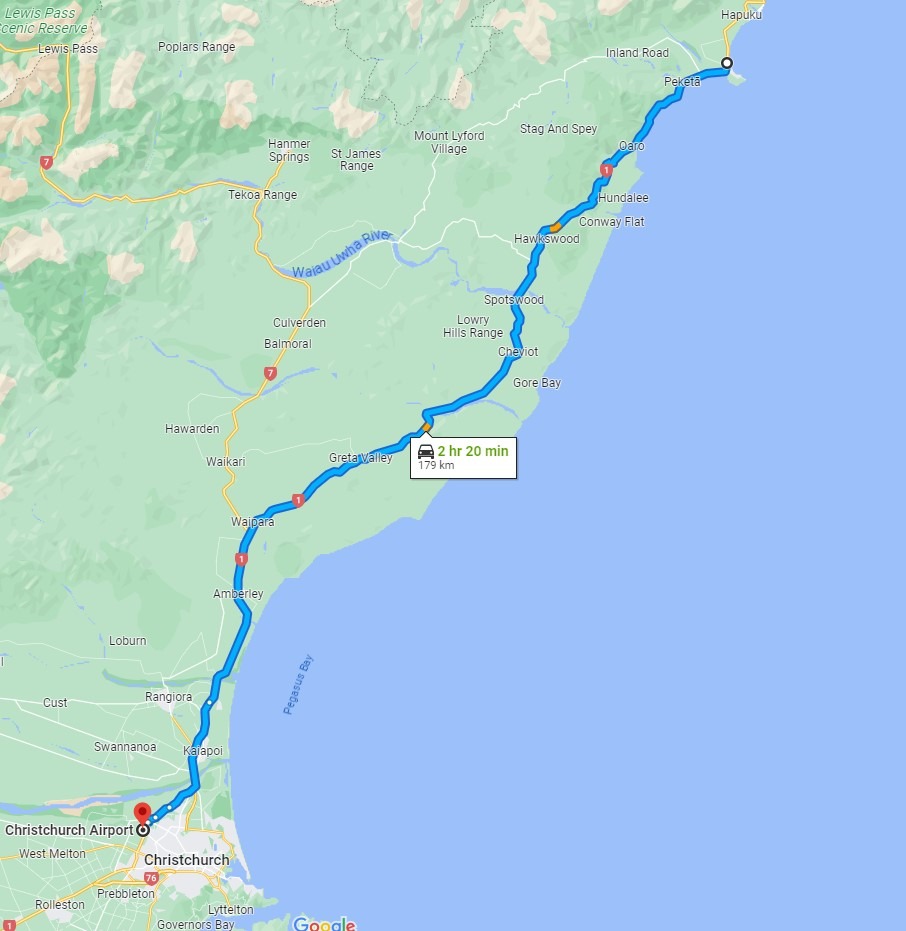 Kaikoura to Christchurch Map