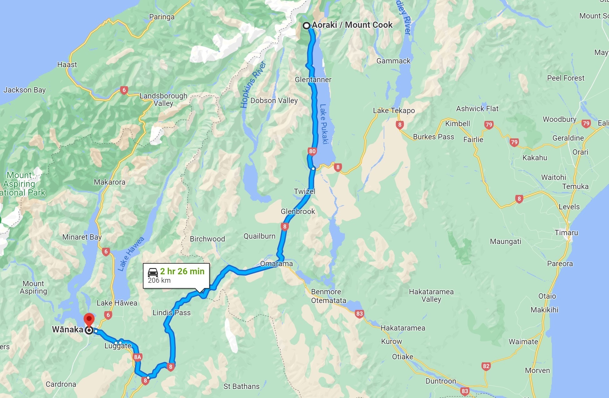 Mt Cook to Wanaka drive map New Zealand