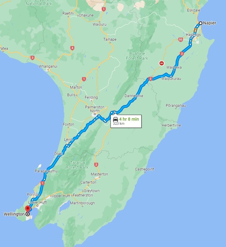 Napier to Wellington drive map