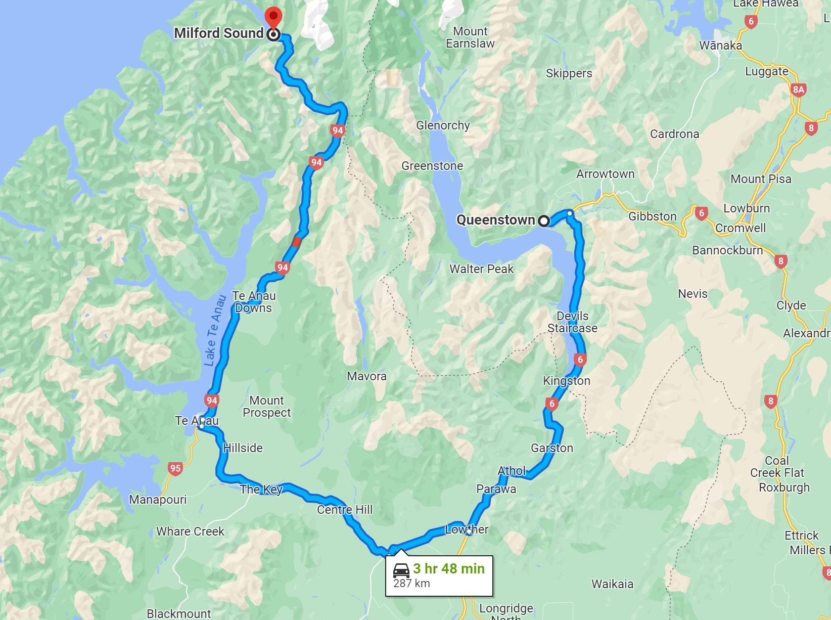 Queenstown to Milford Sound drive map New Zealand