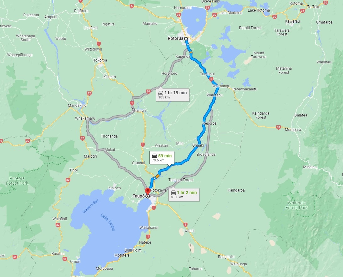 Rotorua to Taupo drive map