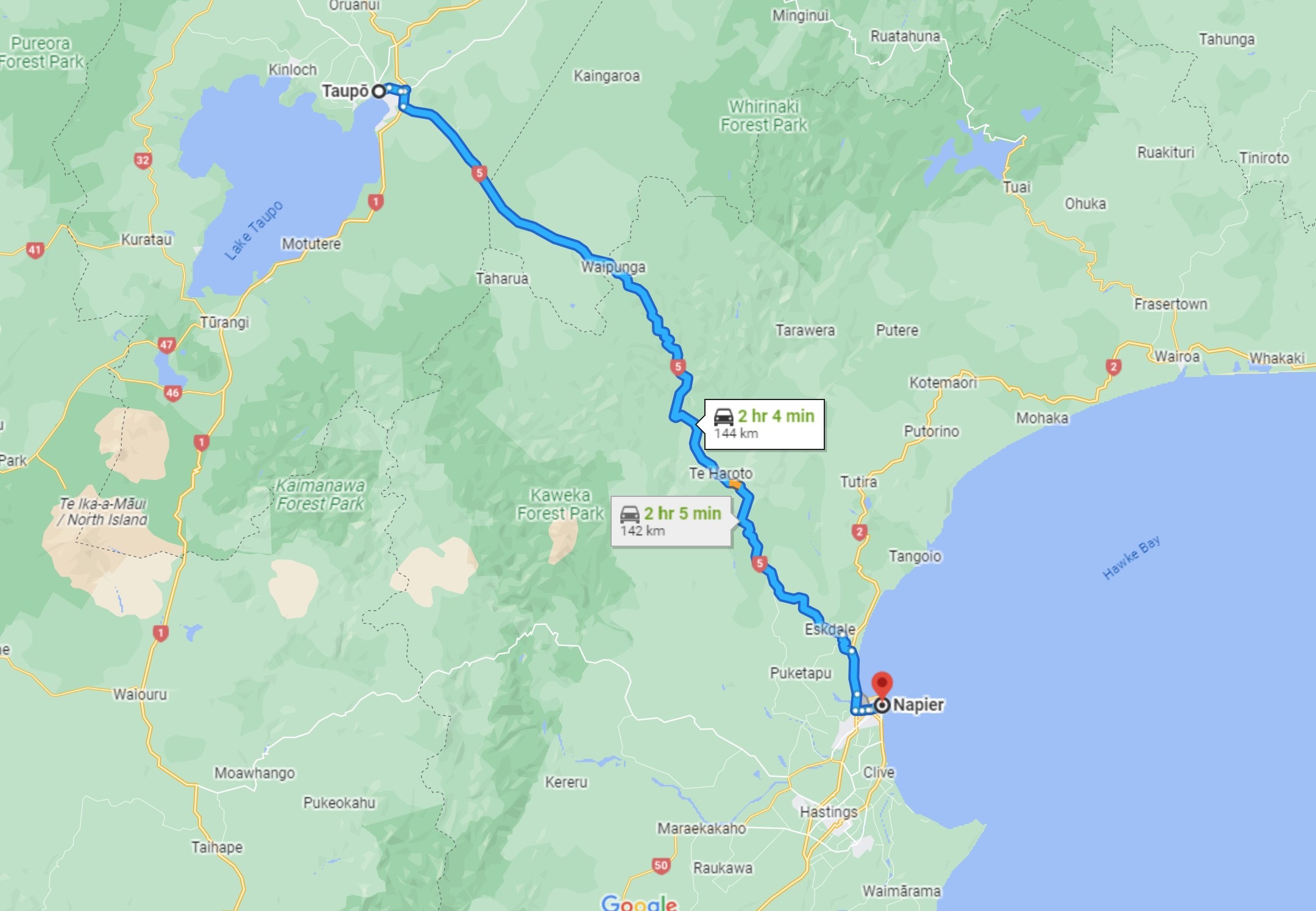 Taupo to Napier drive map