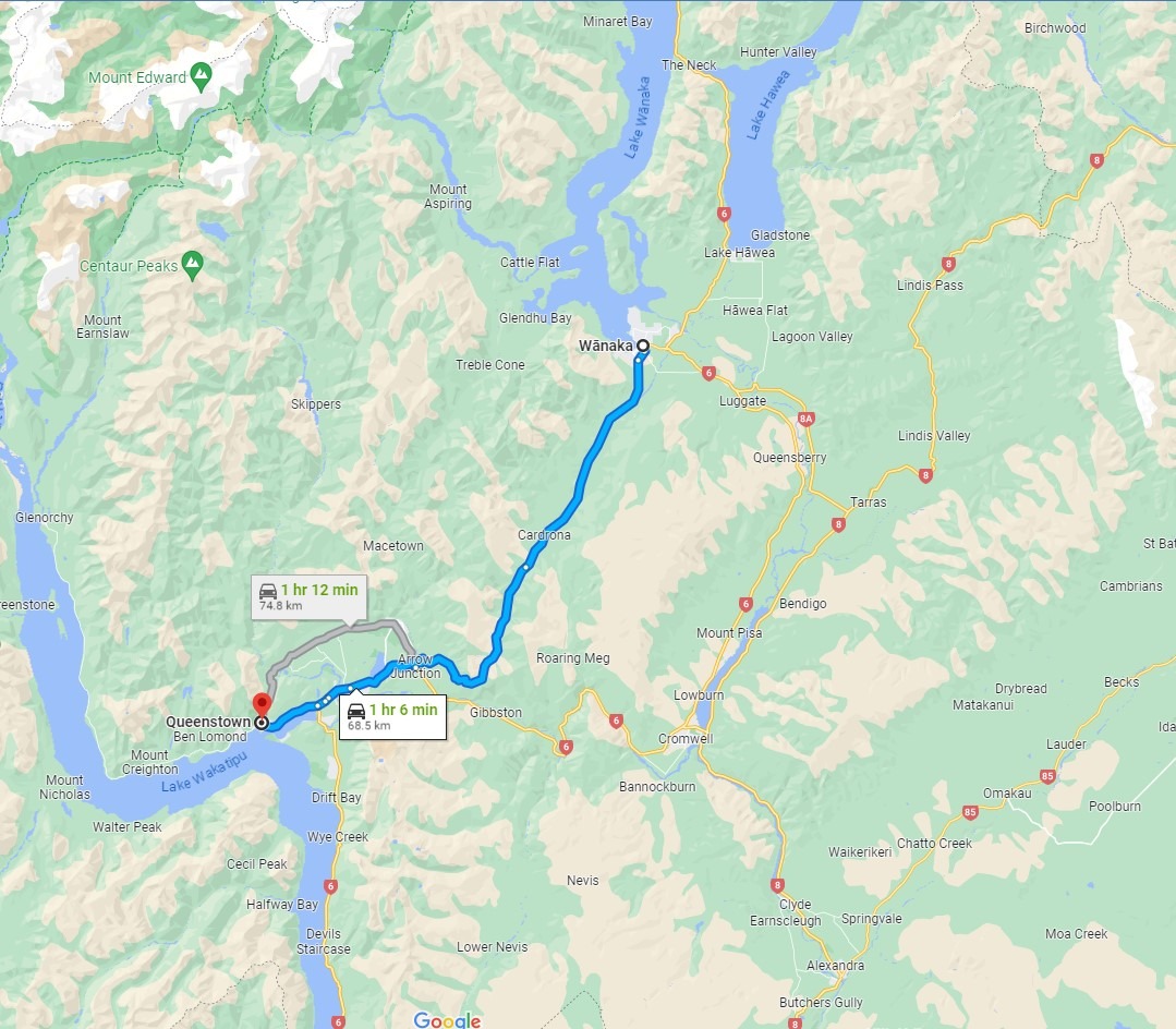 Wanaka to Queenstown drive map